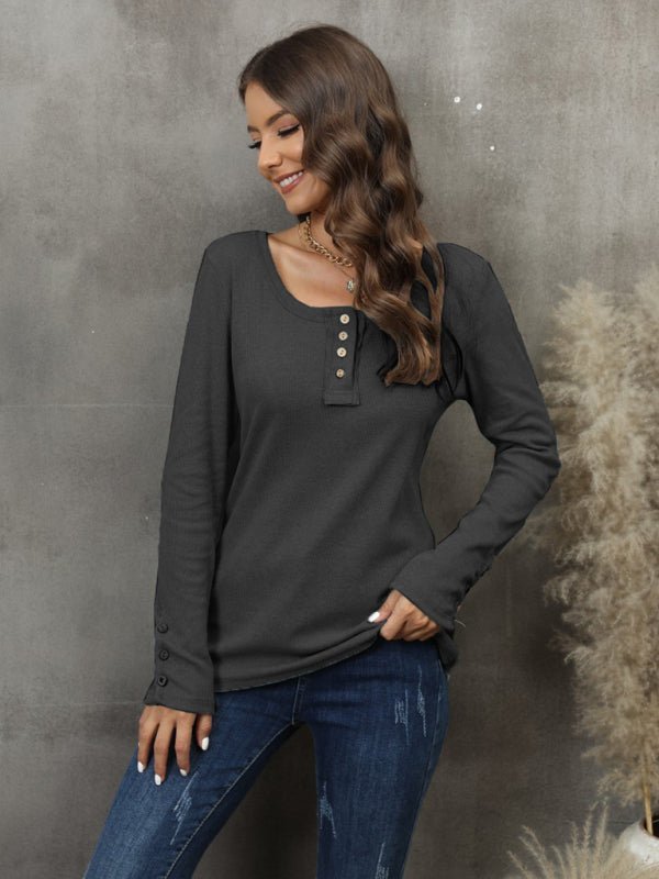 Waffle Knit Long Sleeve Henley Top - ElegantAlpha®