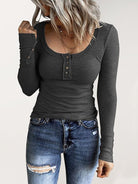 Waffle Knit Long Sleeve Henley Top - ElegantAlpha®