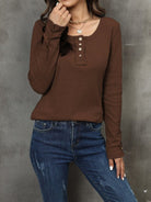 Waffle Knit Long Sleeve Henley Top - ElegantAlpha®