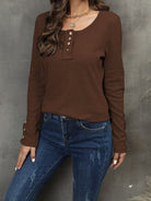 Waffle Knit Long Sleeve Henley Top - ElegantAlpha®