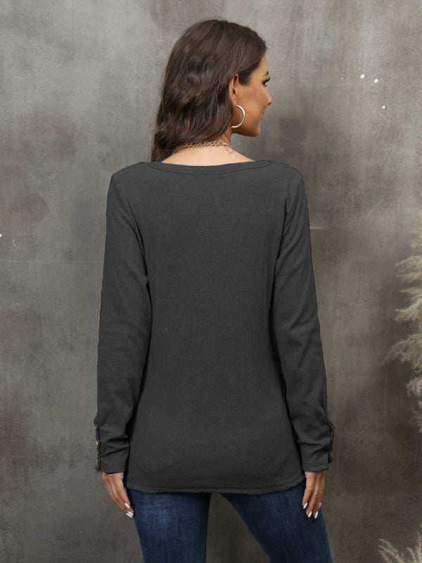 Waffle Knit Long Sleeve Henley Top - ElegantAlpha®