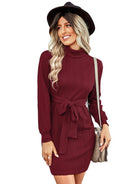 Warm high neck lace up Hip Wrap Dress - ElegantAlpha