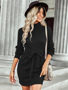 Warm high neck lace up Hip Wrap Dress - ElegantAlpha