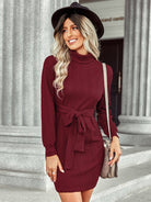 Warm high neck lace up Hip Wrap Dress - ElegantAlpha