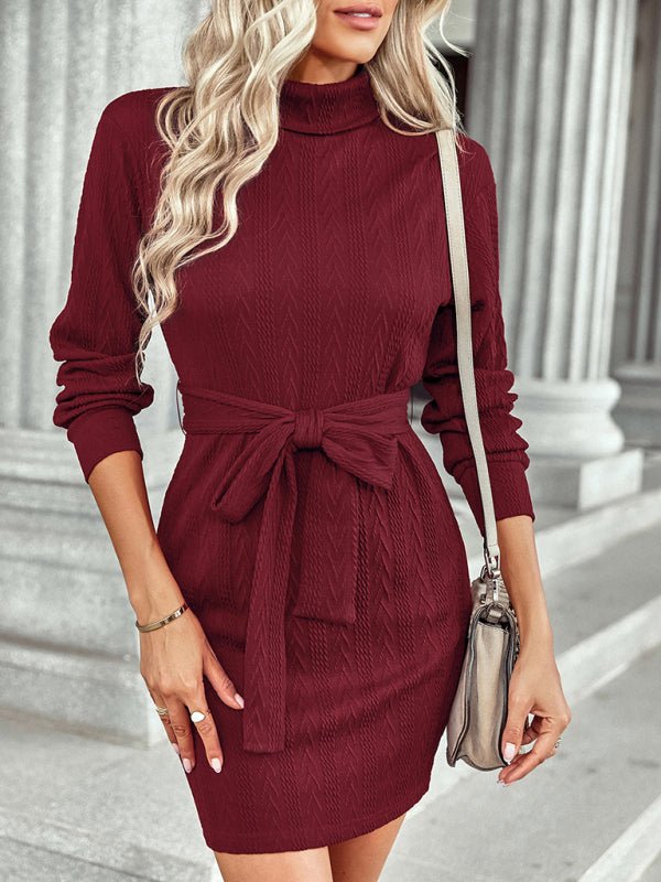 Warm high neck lace up Hip Wrap Dress - ElegantAlpha