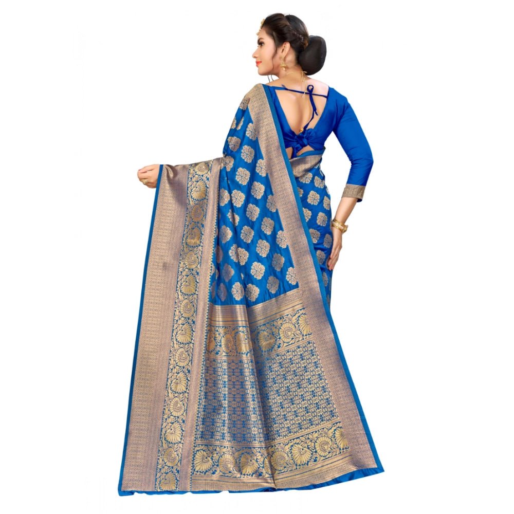 Women's Banarasi silk Saree with Blouse (Blue, 5 - 6mtr) - ElegantAlpha