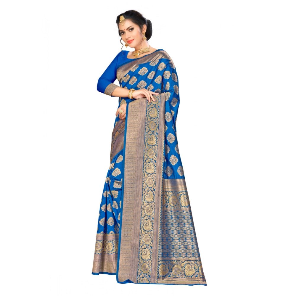 Women's Banarasi silk Saree with Blouse (Blue, 5 - 6mtr) - ElegantAlpha