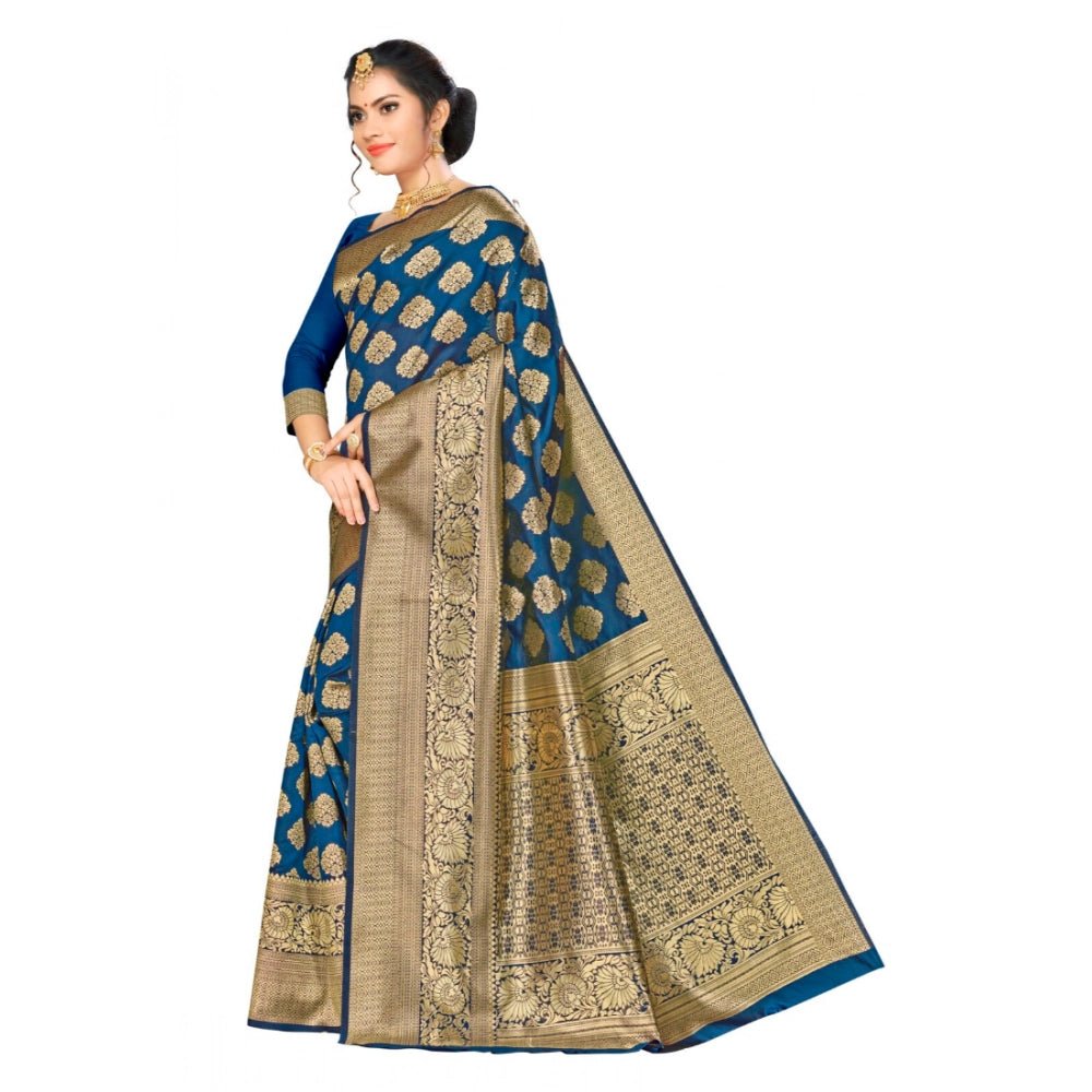 Women's Banarasi silk Saree with Blouse (Navy blue, 5 - 6mtr) - ElegantAlpha