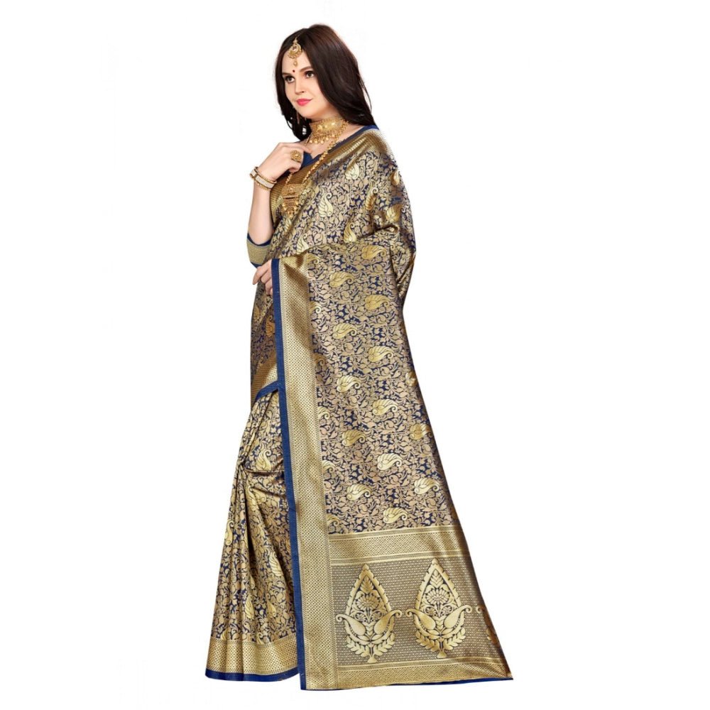 Women's Banarasi silk Saree with Blouse (Navy blue, 5 - 6mtr) - ElegantAlpha