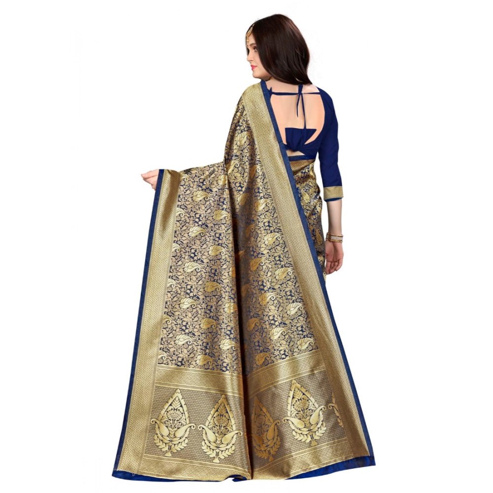 Women's Banarasi silk Saree with Blouse (Navy blue, 5 - 6mtr) - ElegantAlpha