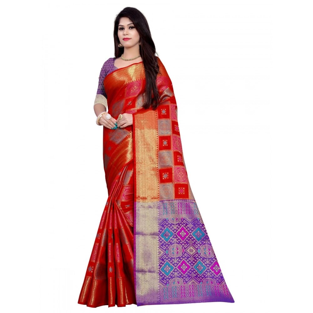 Women's Banarasi Silk Saree With Blouse (Red, 5 - 6 Mtrs) - ElegantAlpha