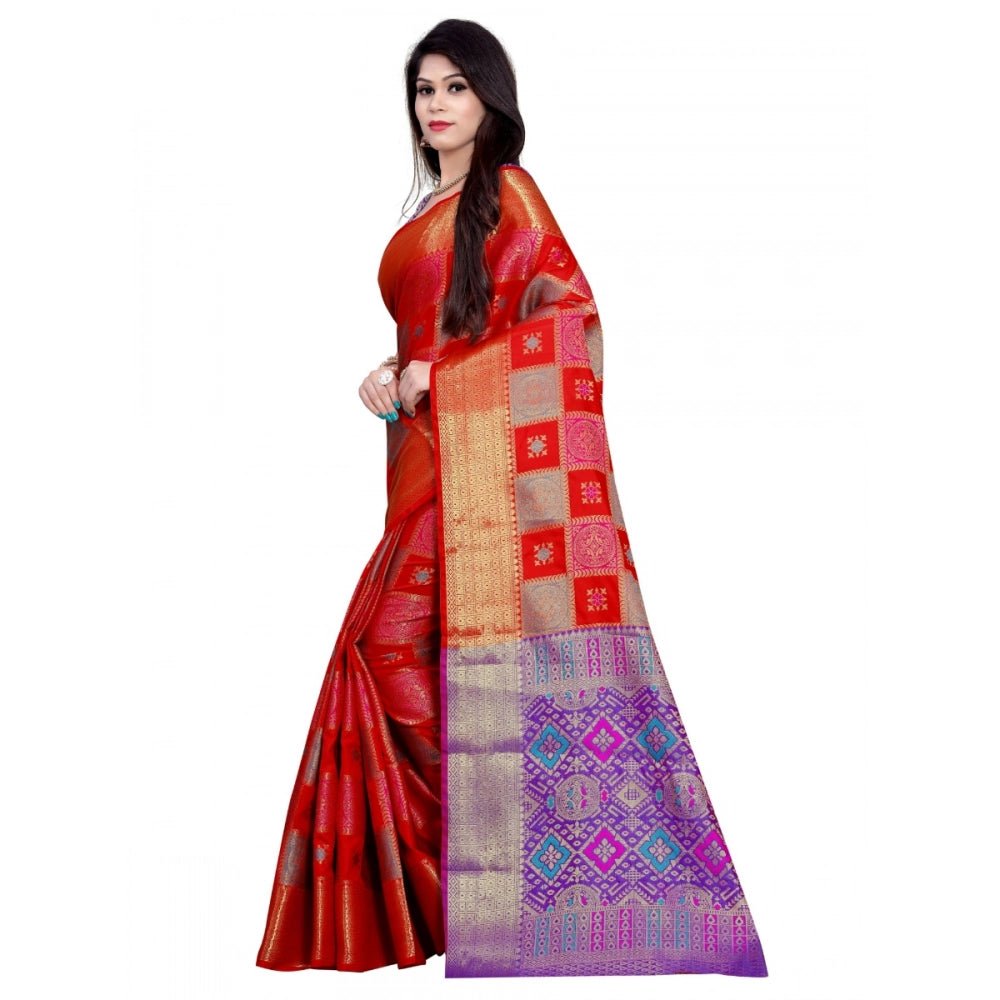 Women's Banarasi Silk Saree With Blouse (Red, 5 - 6 Mtrs) - ElegantAlpha