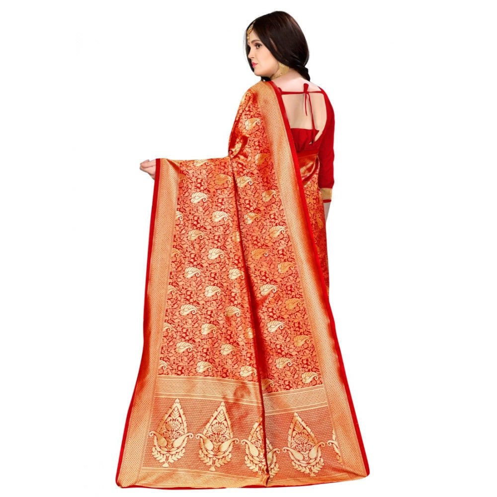 Women's Banarasi silk Saree with Blouse (Red, 5 - 6mtr) - ElegantAlpha