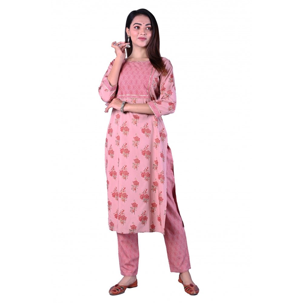 Women's Casual 3/4 Sleeve Printed Rayon Kurti With Pant Set (Pink) - ElegantAlpha