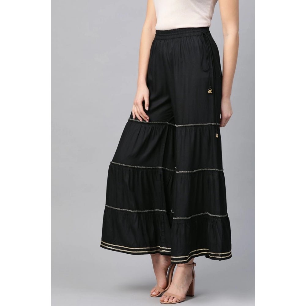 Women's Casual Solid Rayon Sharara (Black) - ElegantAlpha