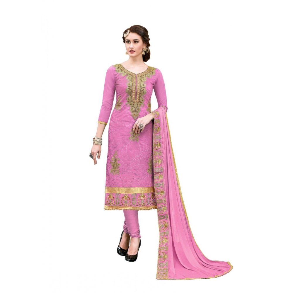 Women's Chanderi Cotton Unstitched Salwar - Suit Material With Dupatta (Pink, 2.20 Mtr) - ElegantAlpha