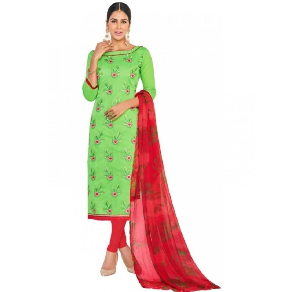 Womens Chanderi Regular Unstitched Salwar - Suit Material With Dupatta (Green, Red, 2 mtr) - ElegantAlpha