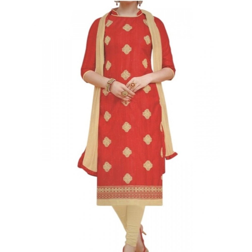 Womens Cotton Regular Unstitched Salwar - Suit Material With Dupatta (Red, 2 mtr) - ElegantAlpha