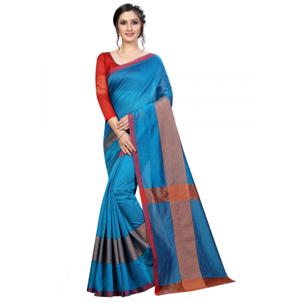 Women's Cotton Saree With Blouse (Sky Blue, 5 - 6 Mtrs) - ElegantAlpha