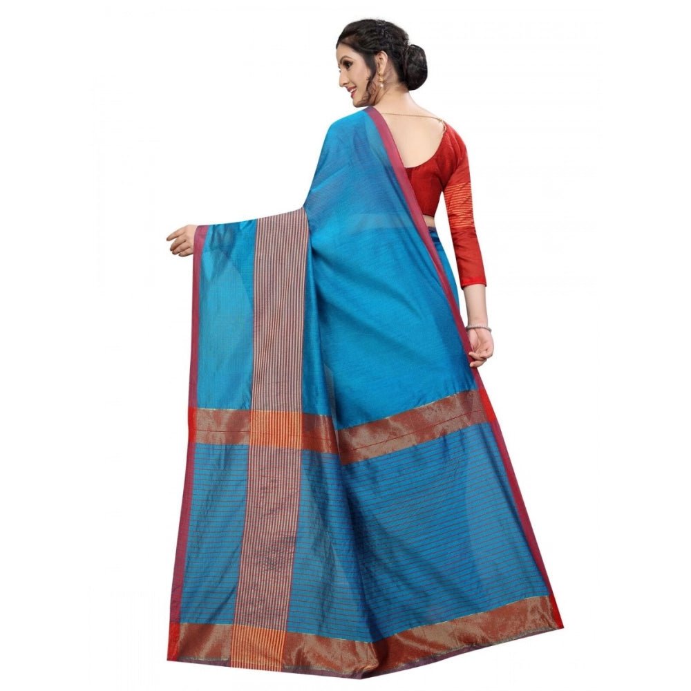 Women's Cotton Saree With Blouse (Sky Blue, 5 - 6 Mtrs) - ElegantAlpha