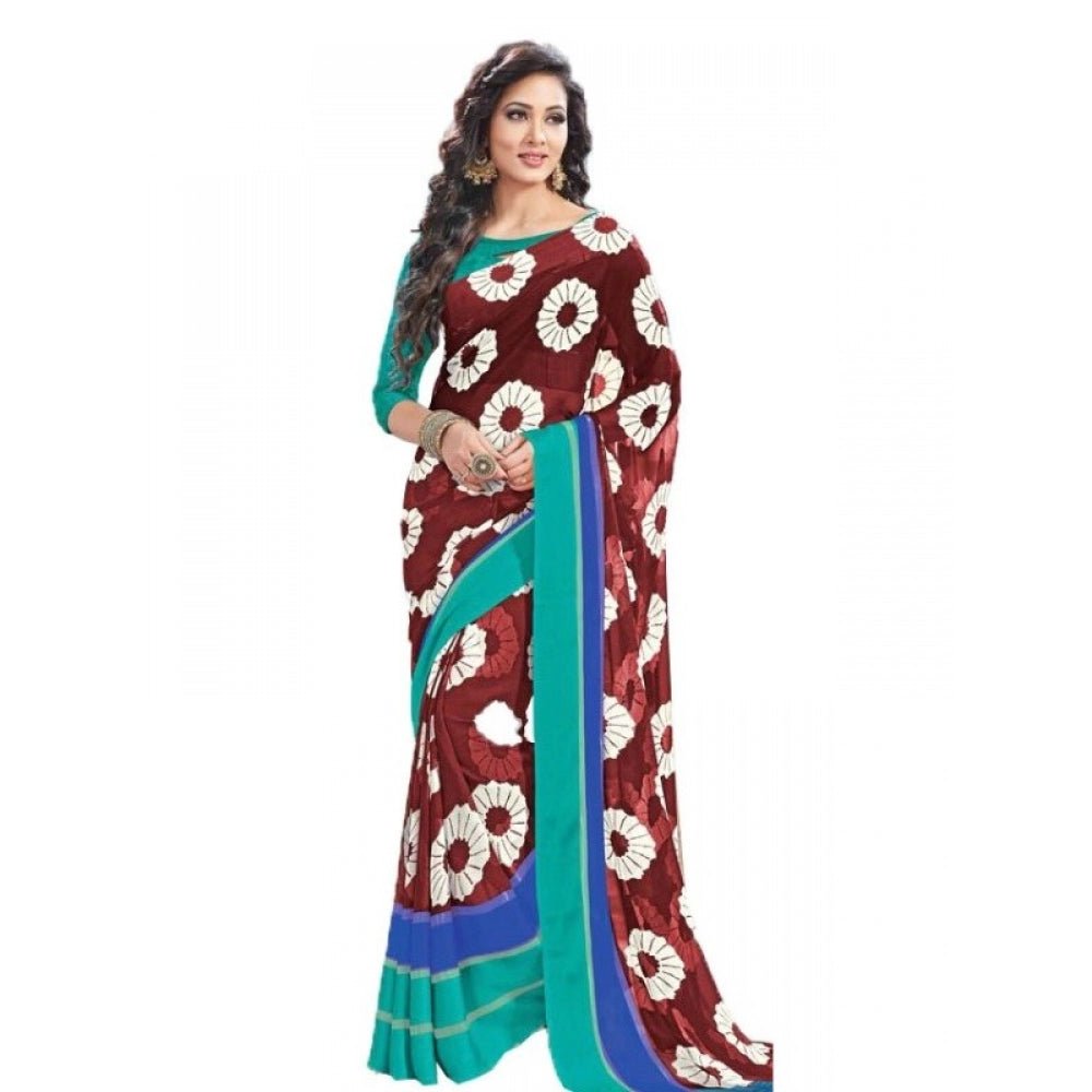 Womens Geogrette Saree with Blouse Digital Printed Saree (Brown, 6.25 Mtr) - ElegantAlpha