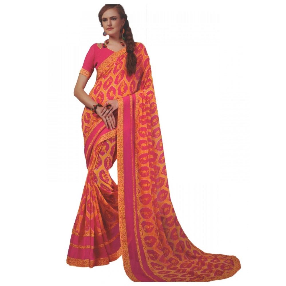 Womens Georgette Digital Printed Saree (Dark Pink, Orange, 6.25 Mtr) - ElegantAlpha