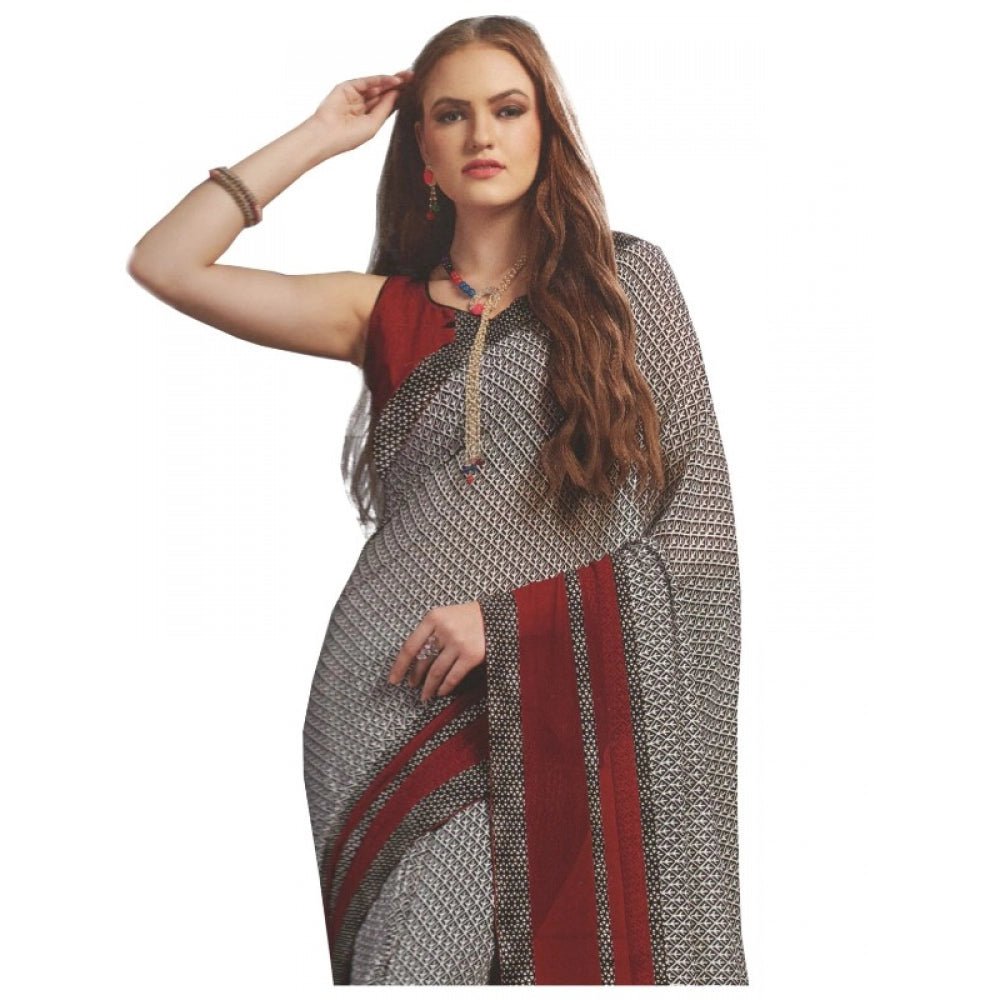 Womens Georgette Digital Printed Saree (Grey, Red, 6.25 Mtr) - ElegantAlpha