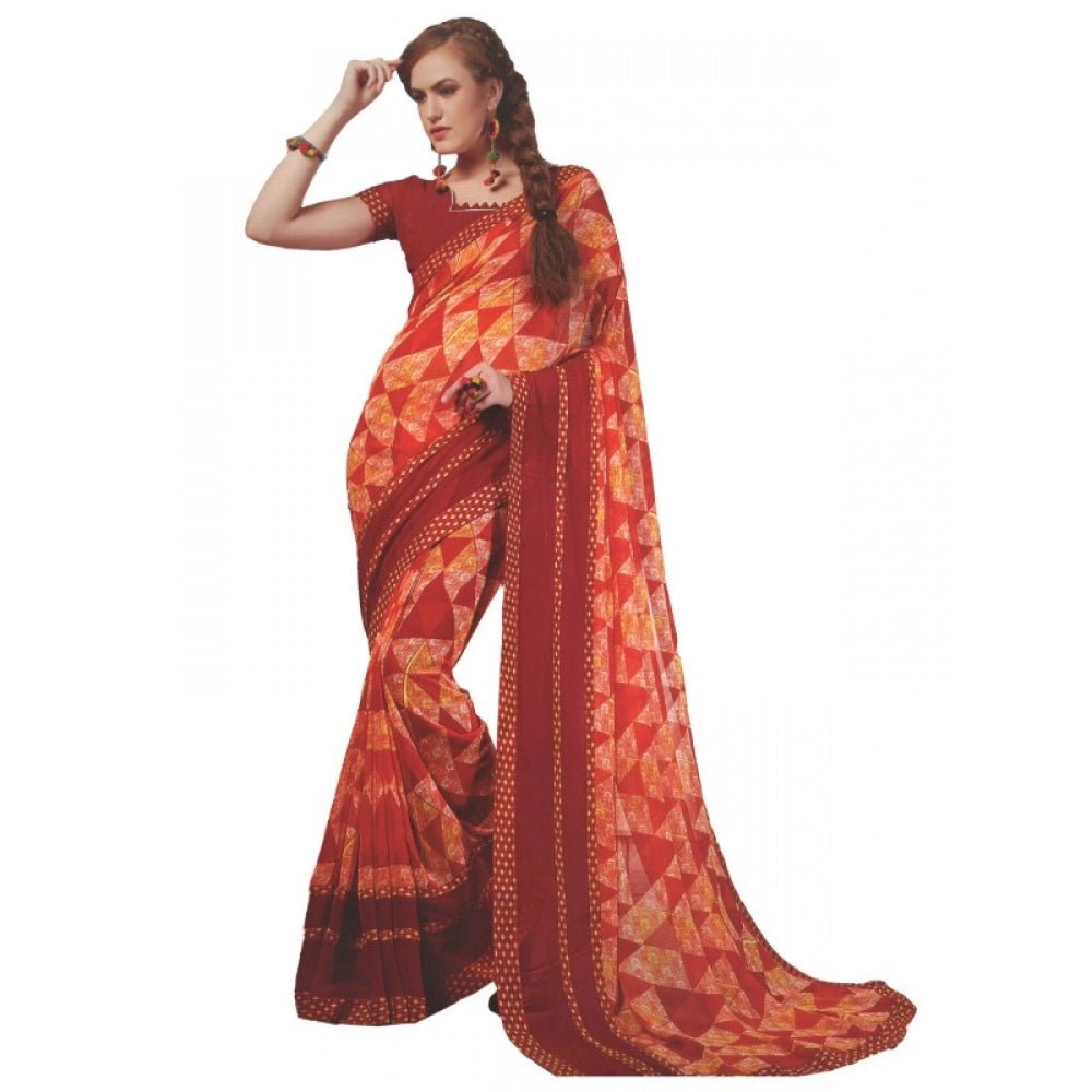 Womens Georgette Digital Printed Saree (Red, 6.25 Mtr) - ElegantAlpha