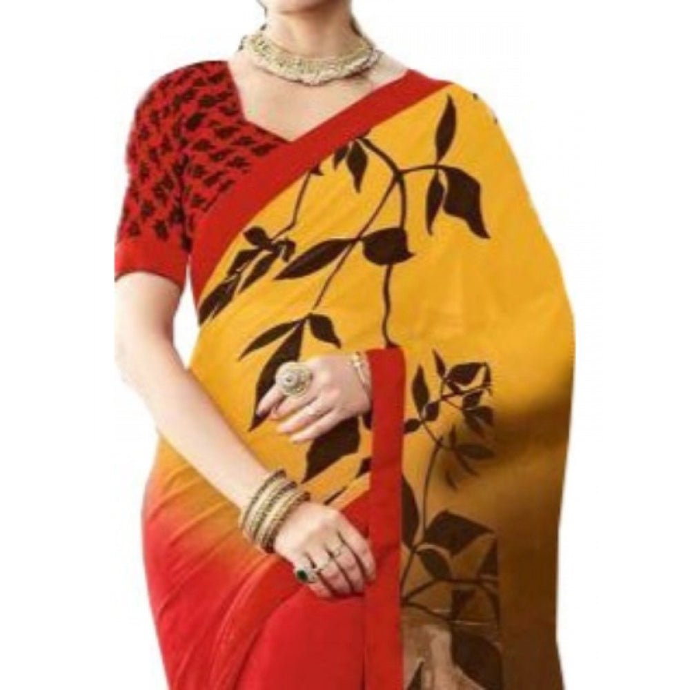 Womens Georgette Digital Printed Saree (Red, Yellow, 6.25 Mtr) - ElegantAlpha