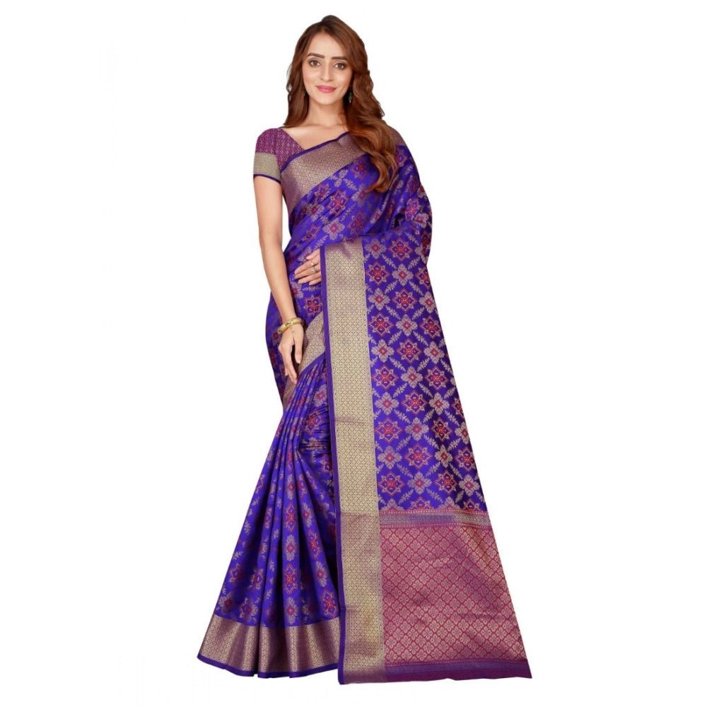 Women's Kanjivaram Silk Saree with Blouse (Blue, 5 - 6 Mtrs) - ElegantAlpha