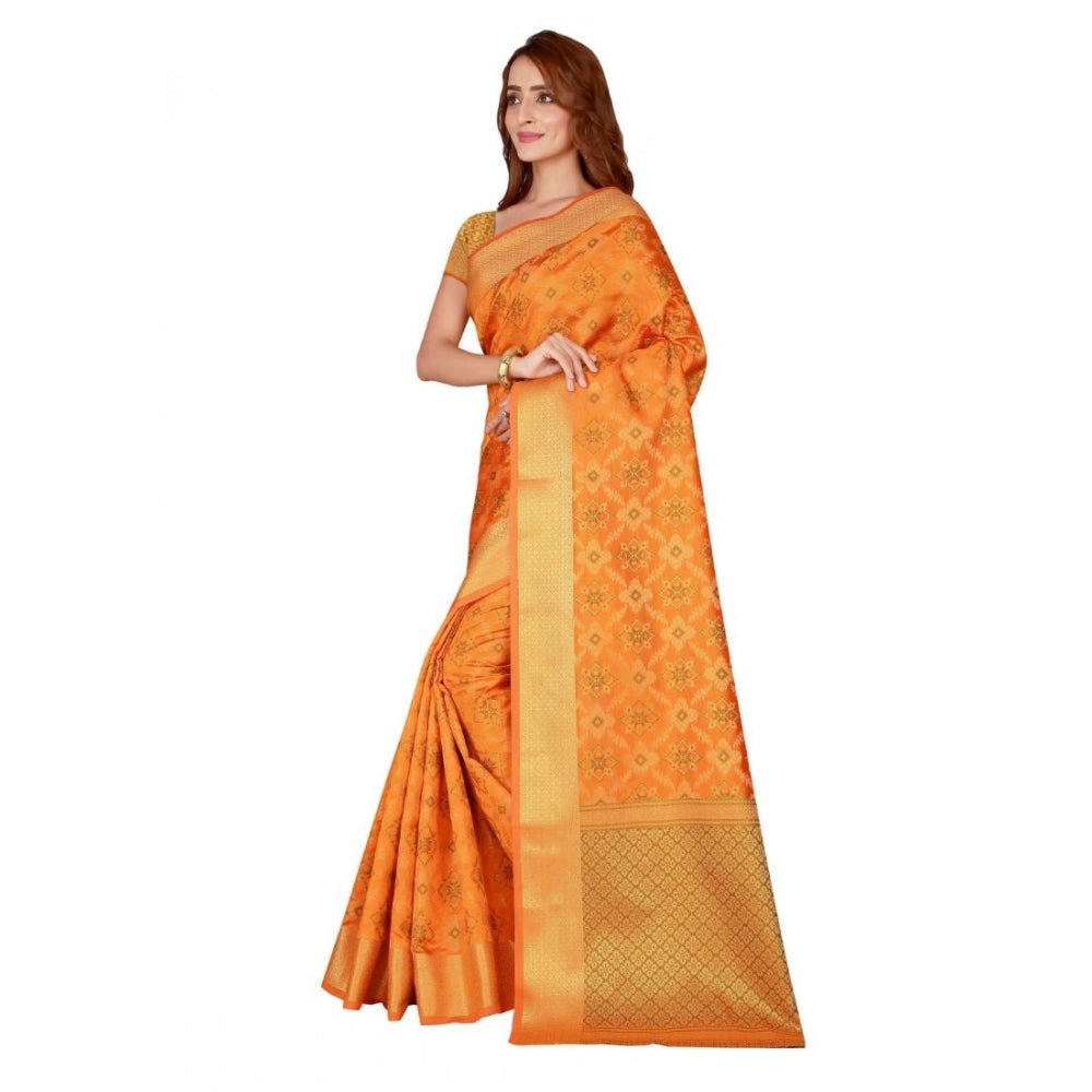 Women's Kanjivaram Silk Saree with Blouse (Yellow, 5 - 6 Mtrs) - ElegantAlpha