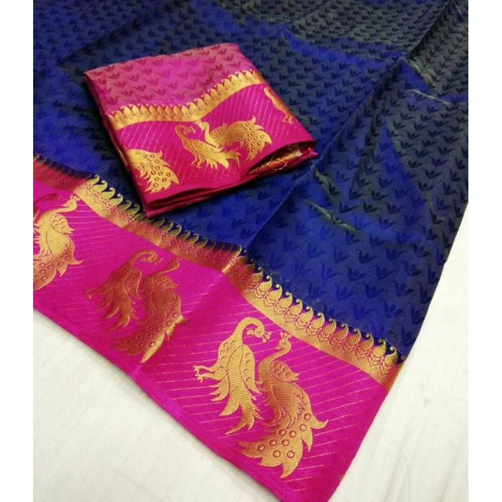 Women's Kanjivaram Silk Saree With Unstitched Blouse Piece (Navy Blue, 5 - 6 Mtrs) - ElegantAlpha