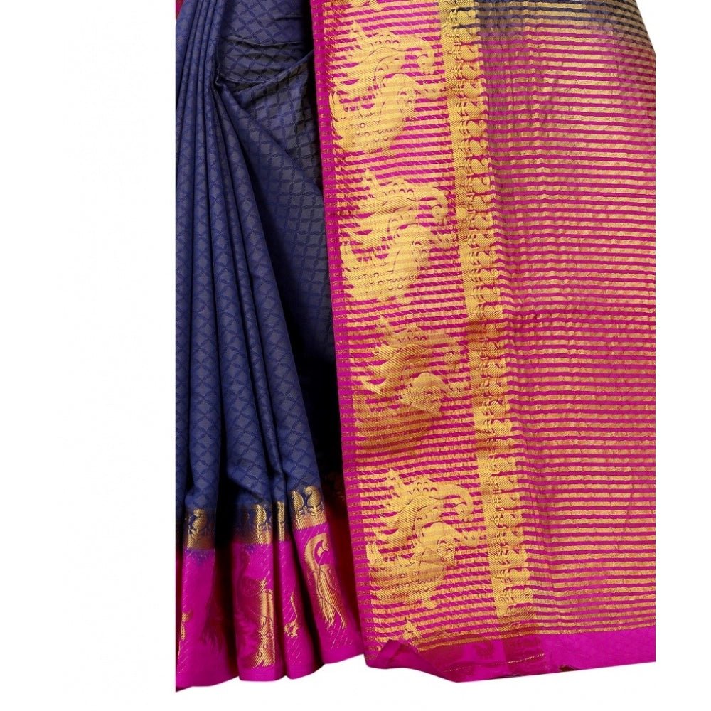 Women's Kanjivaram Silk Saree With Unstitched Blouse Piece (Navy Blue, 5 - 6 Mtrs) - ElegantAlpha