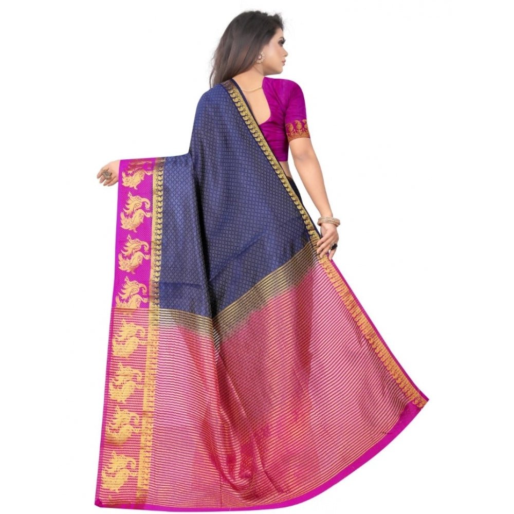 Women's Kanjivaram Silk Saree With Unstitched Blouse Piece (Navy Blue, 5 - 6 Mtrs) - ElegantAlpha