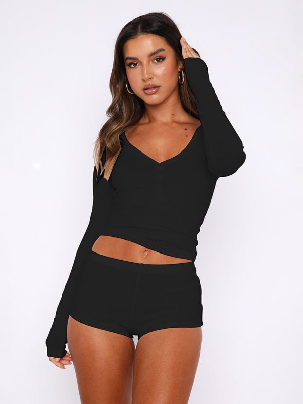 Women's knitted long - sleeved shorts 2 - piece set - ElegantAlpha®