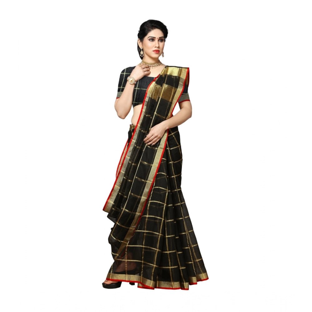 Women's Kota Doria Cotton Saree With Blouse (Black,6 - 3 Mtrs) - ElegantAlpha