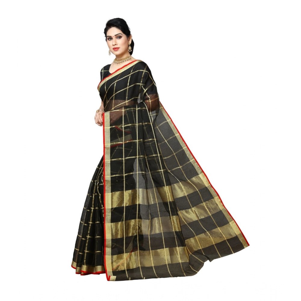 Women's Kota Doria Cotton Saree With Blouse (Black,6 - 3 Mtrs) - ElegantAlpha