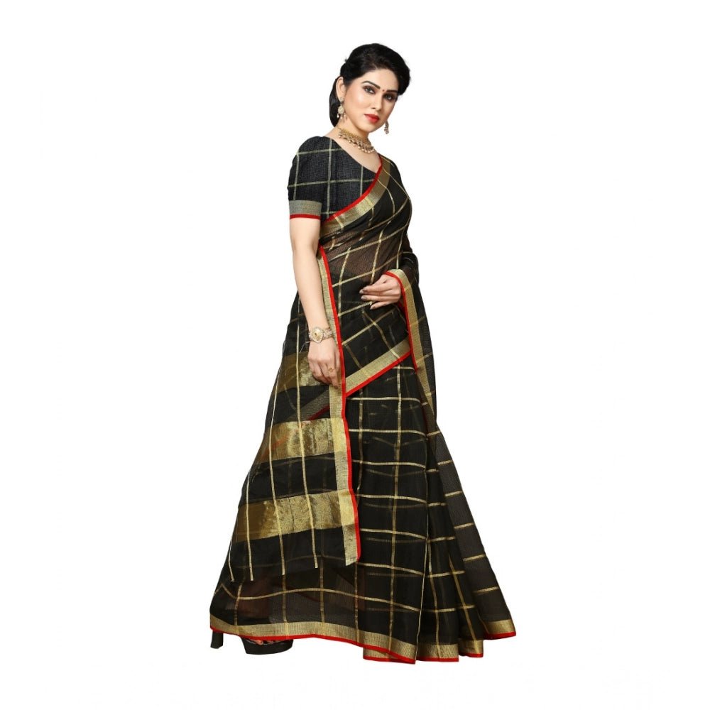 Women's Kota Doria Cotton Saree With Blouse (Black,6 - 3 Mtrs) - ElegantAlpha