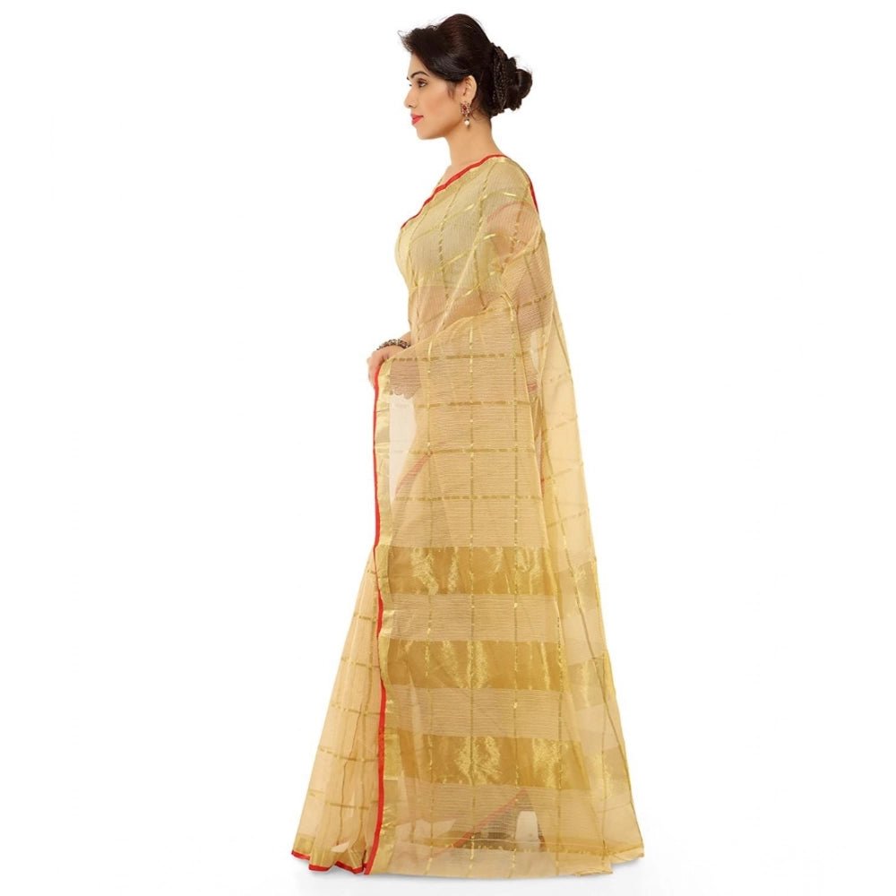 Women's Kota Doria Cotton Saree With Blouse (Chikoo,6 - 3 Mtrs) - ElegantAlpha