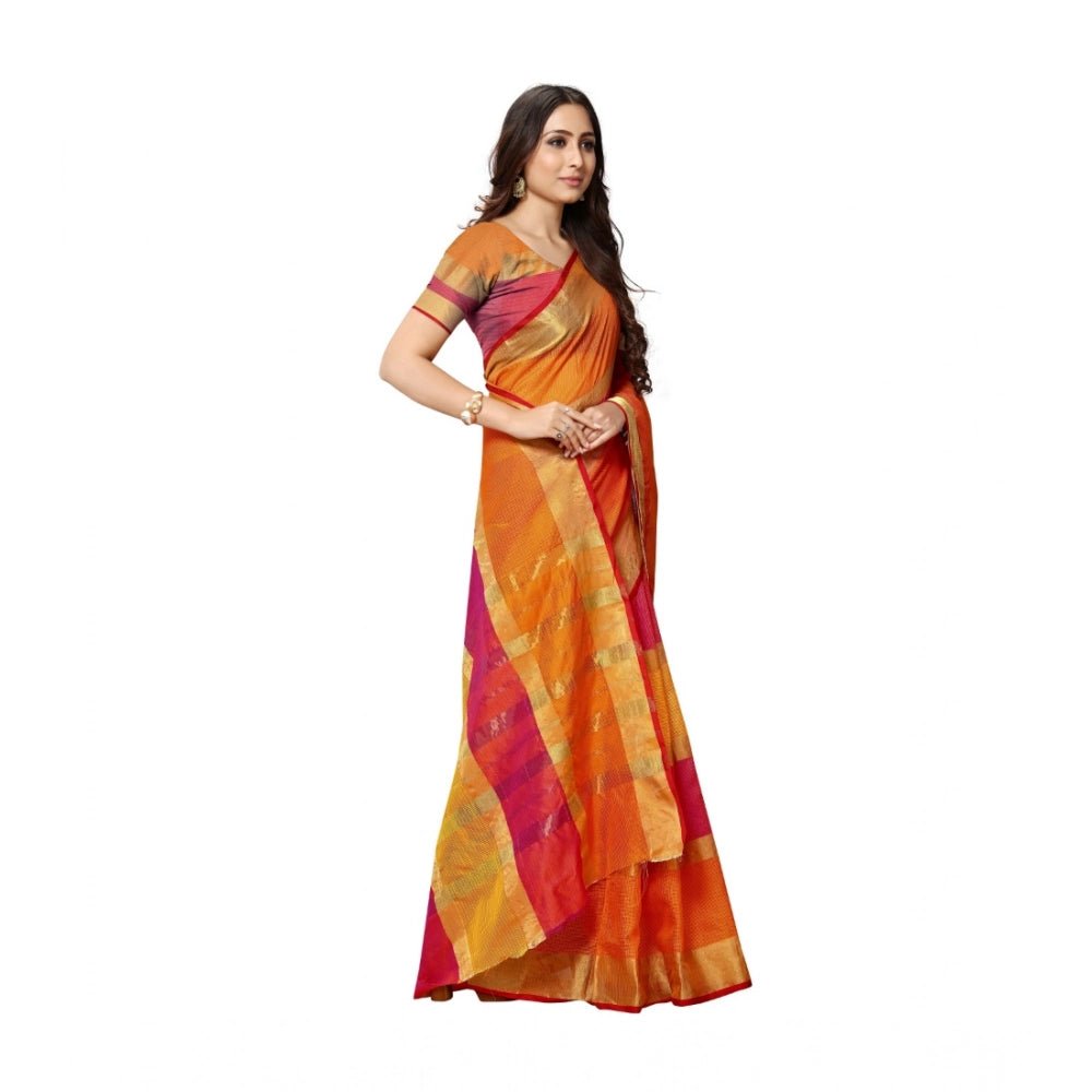 Women's Kota Doria Cotton Saree With Blouse (Orange,6 - 3 Mtrs) - ElegantAlpha