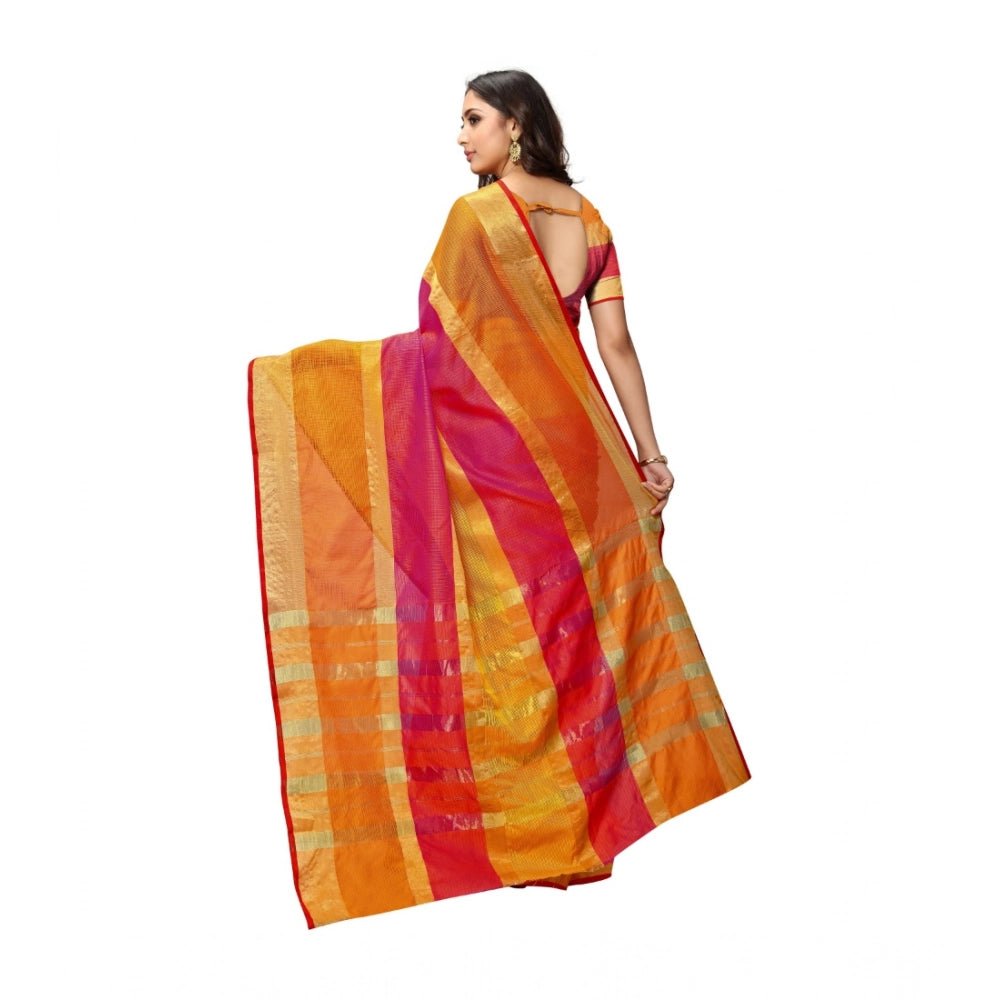 Women's Kota Doria Cotton Saree With Blouse (Orange,6 - 3 Mtrs) - ElegantAlpha