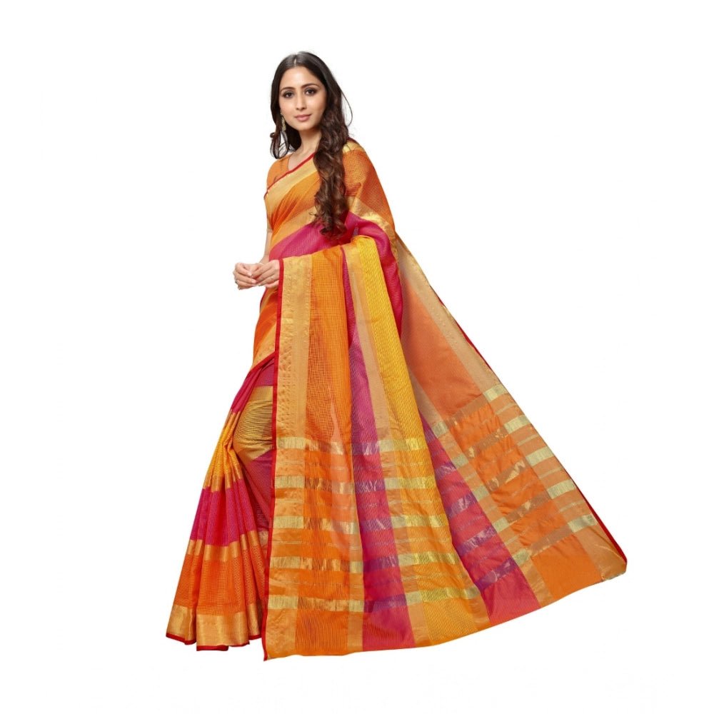 Women's Kota Doria Cotton Saree With Blouse (Orange,6 - 3 Mtrs) - ElegantAlpha