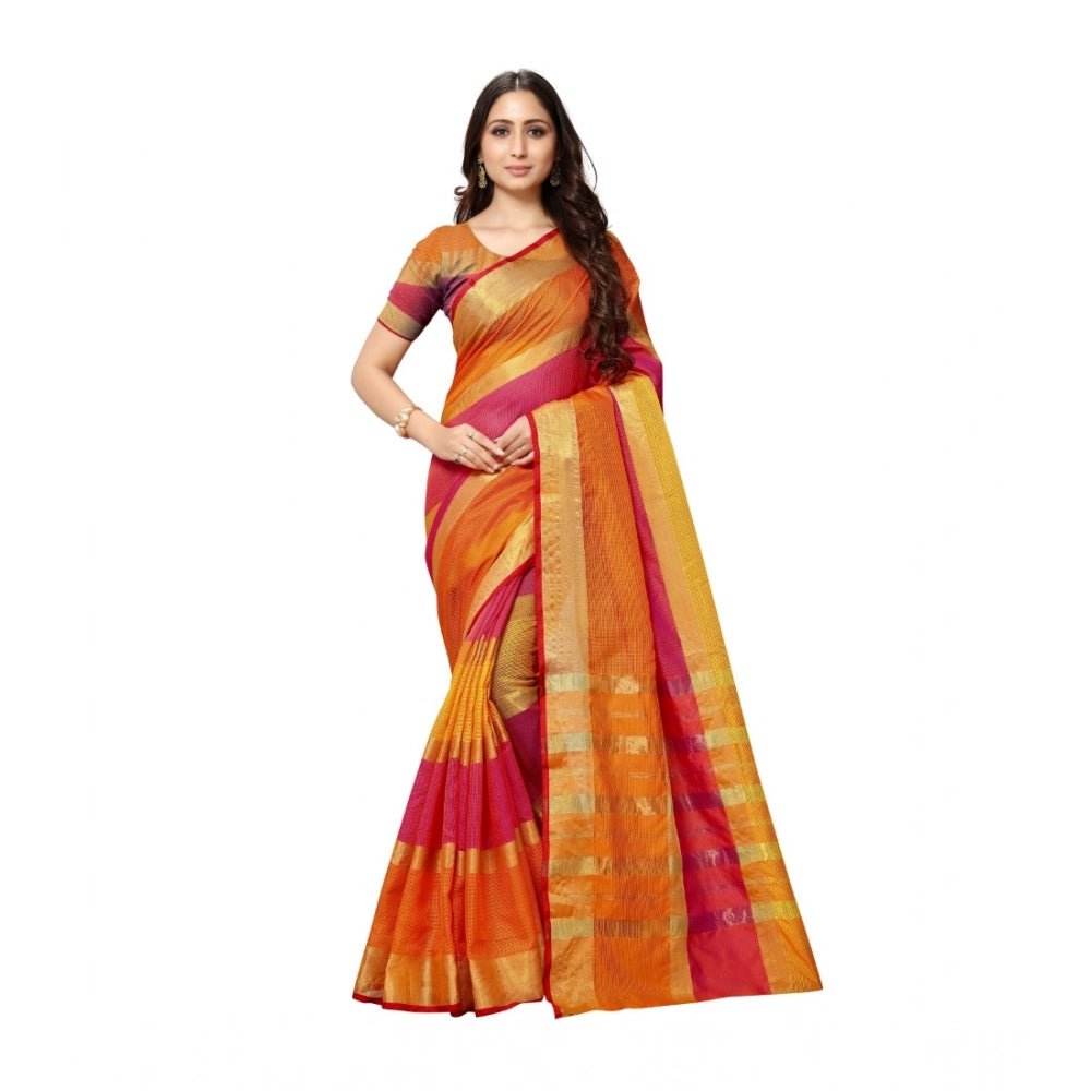 Women's Kota Doria Cotton Saree With Blouse (Orange,6 - 3 Mtrs) - ElegantAlpha