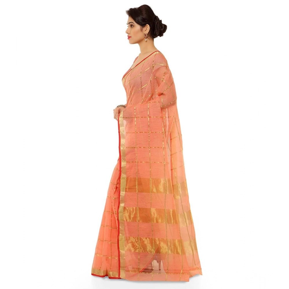 Women's Kota Doria Cotton Saree With Blouse (Peach,6 - 3 Mtrs) - ElegantAlpha