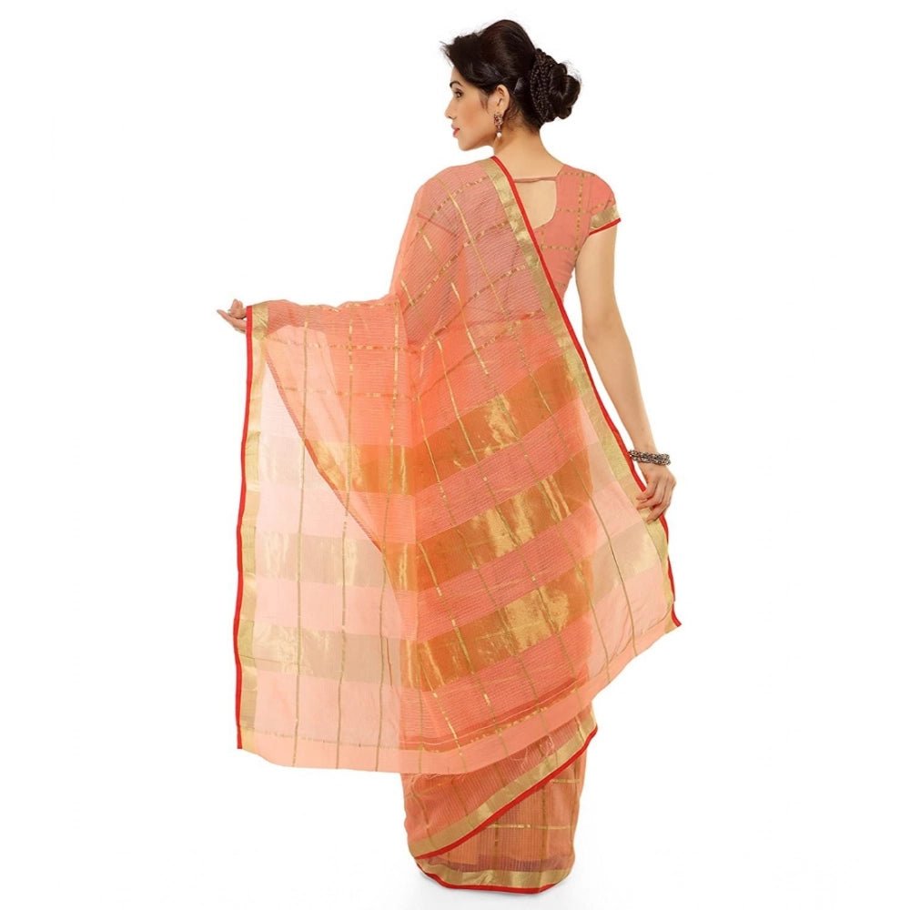 Women's Kota Doria Cotton Saree With Blouse (Peach,6 - 3 Mtrs) - ElegantAlpha