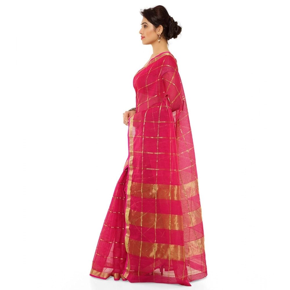 Women's Kota Doria Cotton Saree With Blouse (Rani,6 - 3 Mtrs) - ElegantAlpha