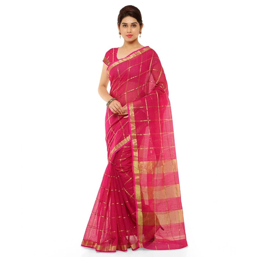 Women's Kota Doria Cotton Saree With Blouse (Rani,6 - 3 Mtrs) - ElegantAlpha