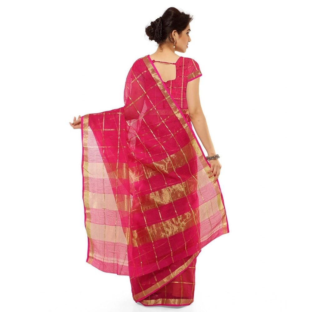 Women's Kota Doria Cotton Saree With Blouse (Rani,6 - 3 Mtrs) - ElegantAlpha