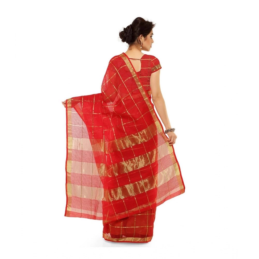 Women's Kota Doria Cotton Saree With Blouse (Red,6 - 3 Mtrs) - ElegantAlpha