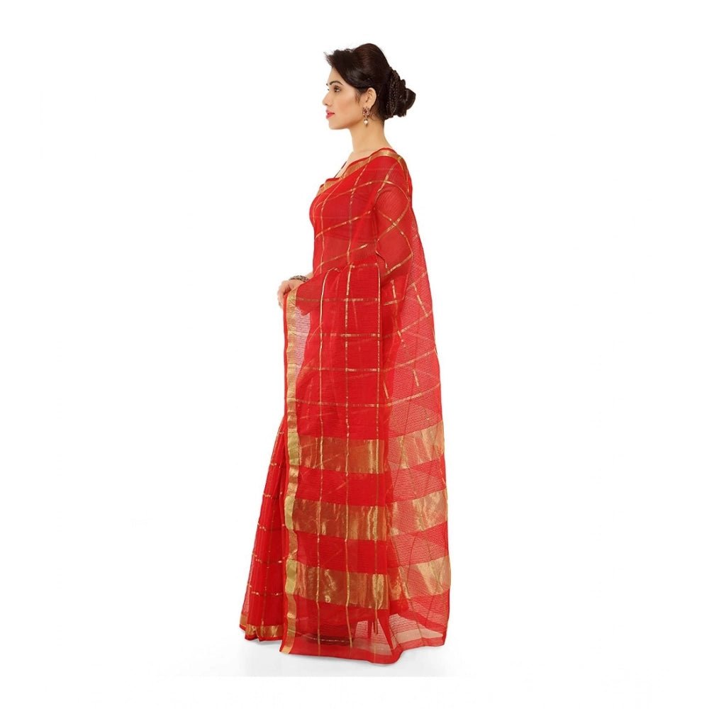 Women's Kota Doria Cotton Saree With Blouse (Red,6 - 3 Mtrs) - ElegantAlpha